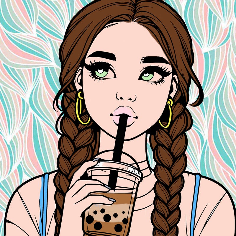 realistic girl with braided hair drinking boba