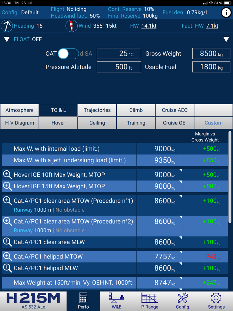 Interface of the H215M Flight Perfo app displaying detailed takeoff and landing performance calculations for pilots