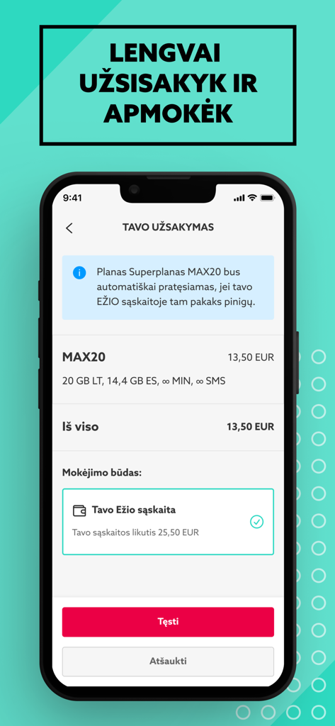 Mano EŽYS - Mano Ezys app screenshot showing a mobile plan order confirmation and payment screen