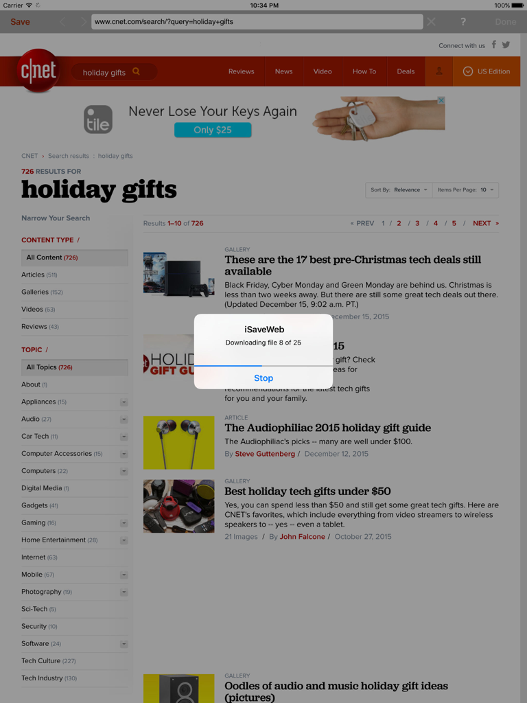 iSaveWeb Pro HD - iSaveWeb Pro HD app downloading a website on an iPad for offline browsing