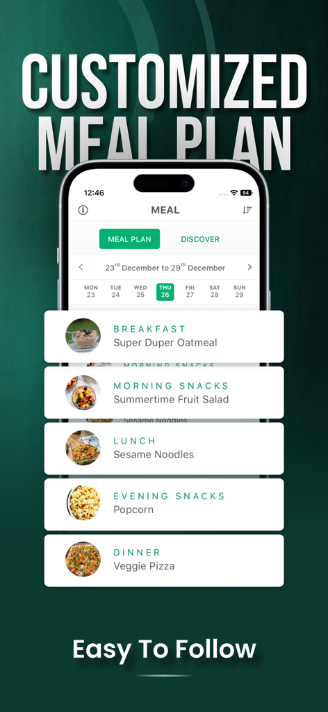 Pantalla de smartphone mostrando un plan de comidas diario personalizado dentro de la Aplicación de Entrenamiento para Perder Peso, incluyendo desayuno, meriendas, almuerzo y cena.