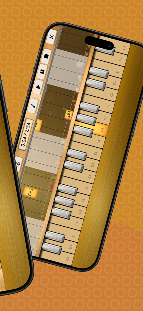 Interfaz de la aplicación Trumpet Sim que muestra un teclado musical virtual y una línea de tiempo de reproducción de grabación