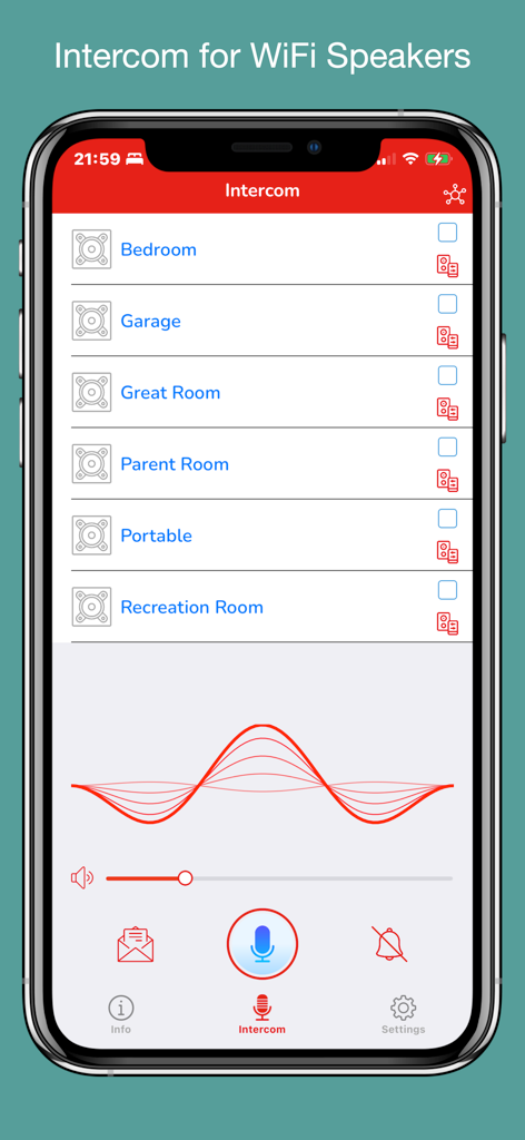 SonosTalk app interface for selecting rooms and broadcasting voice messages to WiFi speakers