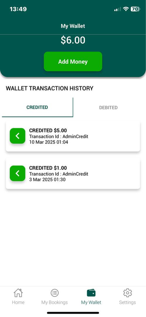 Go Safe ZW - Go Safe ZWアプリのマイウォレット画面（残高と取引履歴を表示）