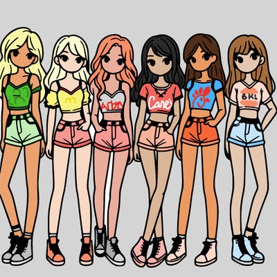 a group of girls wearing crop tops and shorts