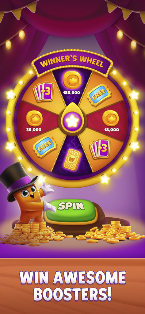 A colorful spinning wheel feature in Domino Dreams displaying prizes like coins and boosters alongside a character in a top hat.