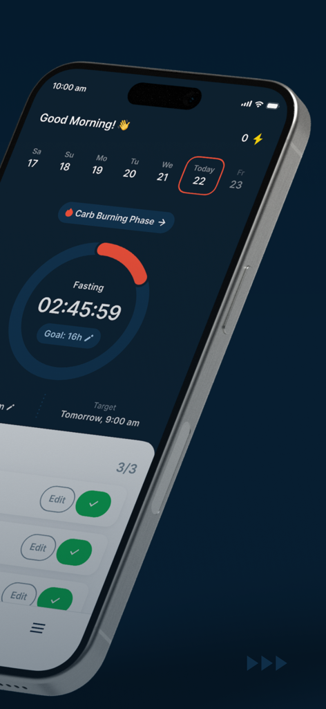 A mobile screen showing the Feel Great app fasting timer and carb burning phase indicator