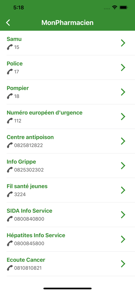 Liste des numéros d'urgence et des lignes d'assistance médicale français dans l'application Mon Pharmacien