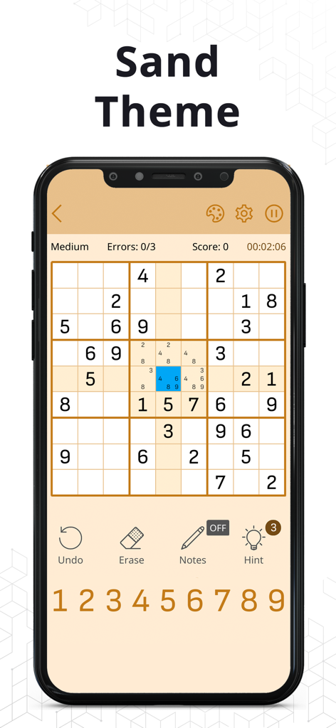 Sudoku Guru - Classic sudoku - Sudoku Guru app interface showing a 9x9 logic puzzle grid with the sand color theme active on a smartphone