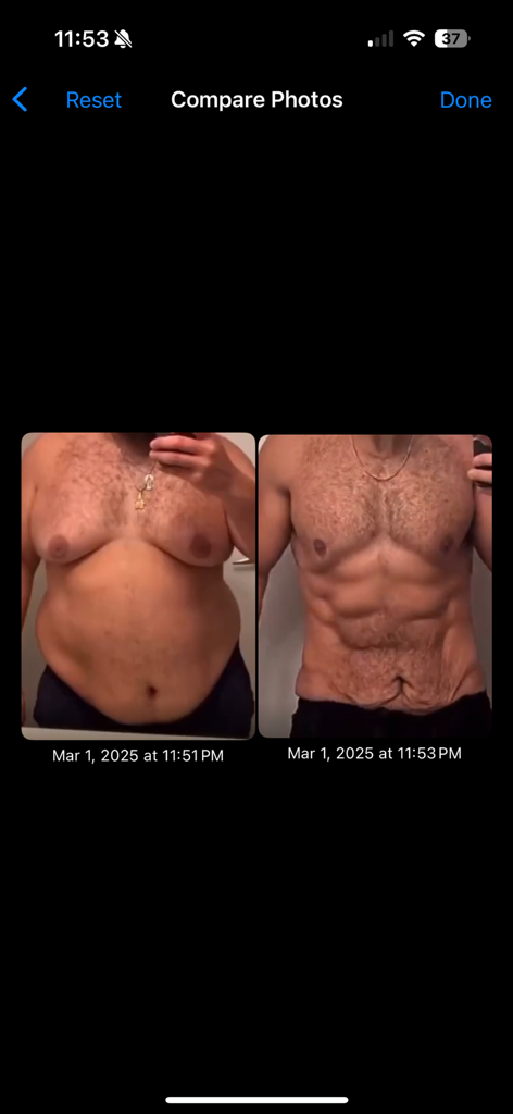 Confronto affiancato di foto di trasformazione corporea nell'app GymPic