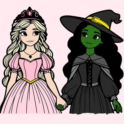 a princess and a witch holding hands realistic