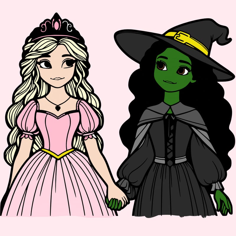 a princess and a witch holding hands realistic