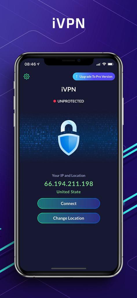 iVPN: VPN for Privacy,Security - Main interface of the iVPN mobile app showing an unprotected status with IP address and connect button