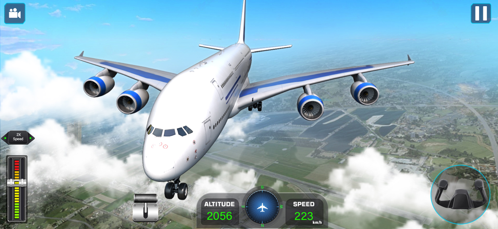 Avión de pasajeros blanco grande volando en el cielo con controles del juego