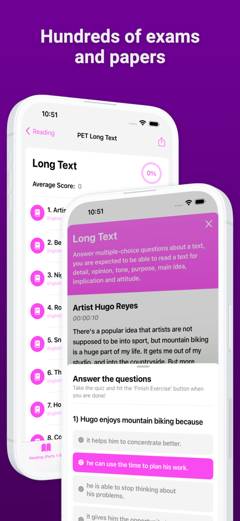 English B1 PET - English B1 PET app showing reading exams with long texts and multiple choice questions