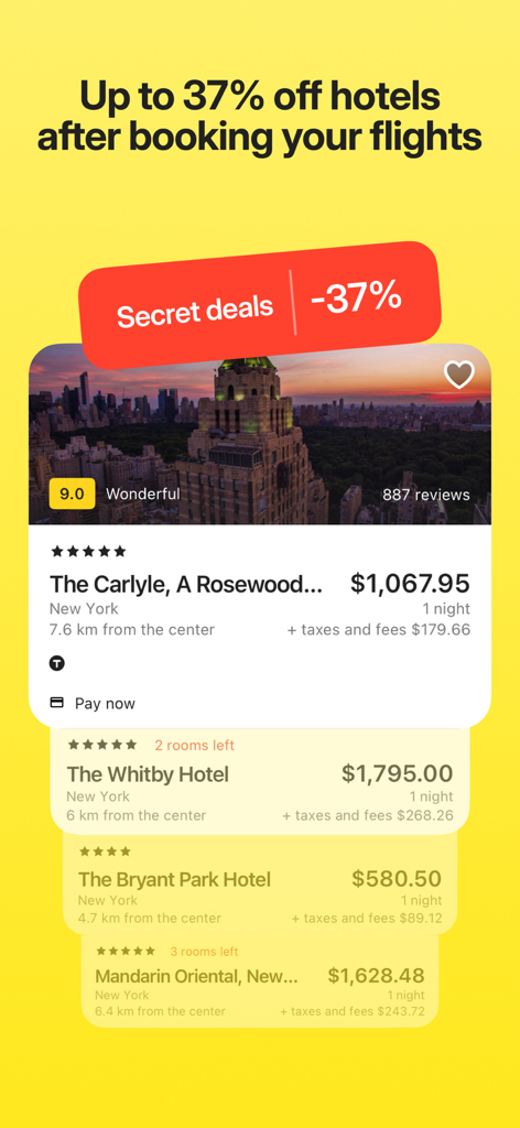 OneTwoTrip Flights and Hotels - OneTwoTrip App-Bildschirm zeigt geheime Hotelangebote mit bis zu 37 Prozent Rabatt in New York City