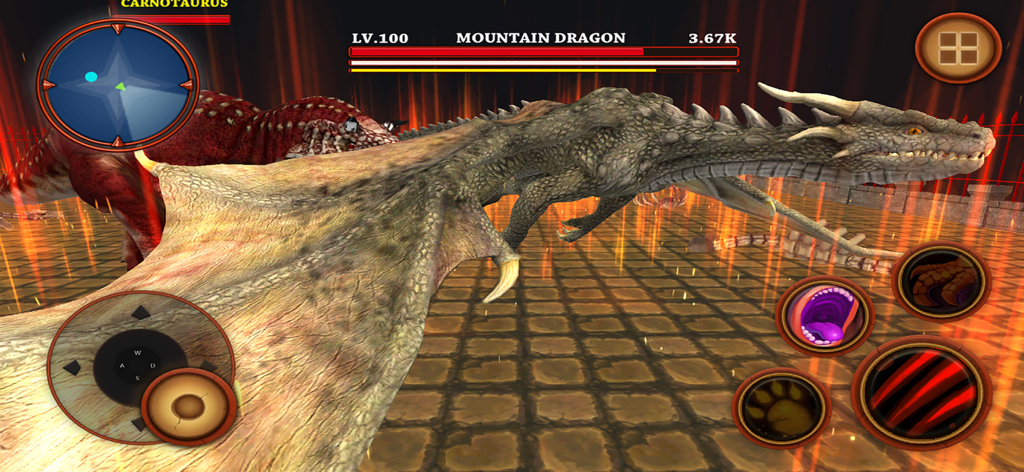 Level 100 Mountain Dragon facing a Carnotaurus in a hardcore survival arena within Dinosaur Evolution Survival.