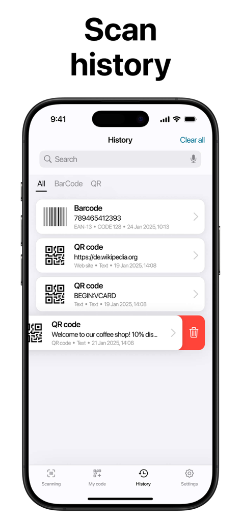 Barcode Scanner & Readerㅤㅤ - Interface do iPhone de um aplicativo profissional de scanner de código de barras e QR mostrando a tela de histórico de digitalização com uma lista de itens digitalizados recentemente.
