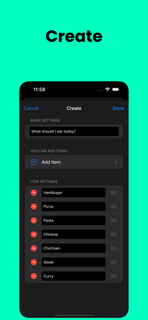 Random GameBox, Spin the wheel - Interfaz para crear una lista personalizada de artículos de comida como pizza y bistec en la aplicación Random GameBox.