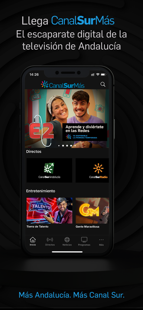 Home screen of the CanalSur Mas app showing live Andalusian TV channels and regional entertainment programs on a smartphone.