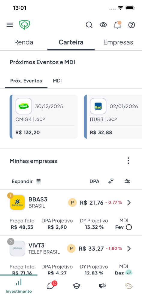 AGF App portfolio screen showing upcoming dividend events and stock metrics for dividend growth investing