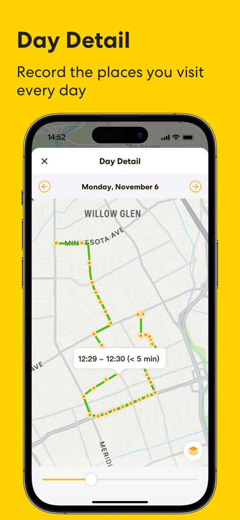 HiPal: Phone tracker & Talkie - A smartphone displaying the HiPal app's Day Detail screen with a map showing a recorded daily travel route and timestamps.