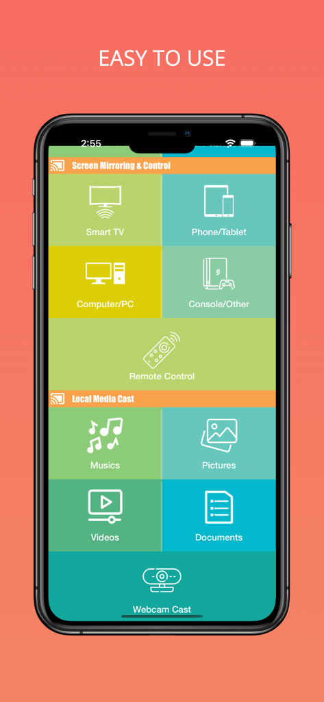 Main menu of the Miracast app showing various screen mirroring and local media casting options