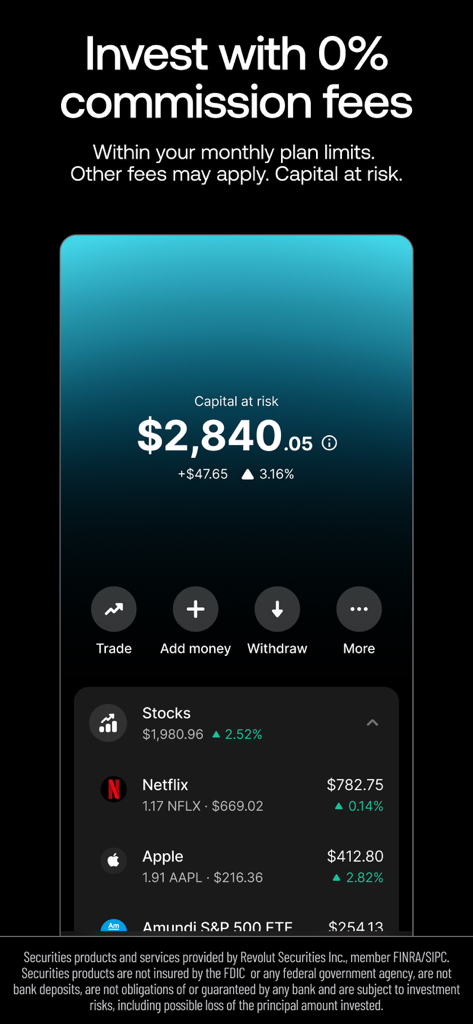 Revolut mobile app interface for commission-free stock trading showing a sample portfolio with Netflix and Apple stocks