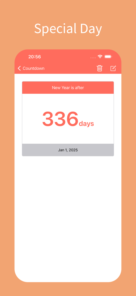 Birthday Reminder Countdown - Una pantalla de cuenta regresiva en la aplicación Recordatorio de Cumpleaños que muestra 336 días restantes hasta el Año Nuevo 2025.