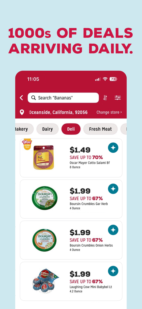 Grocery Outlet Bargain Market - Grocery Outlet app screen showing discounted deli products with up to 70 percent savings