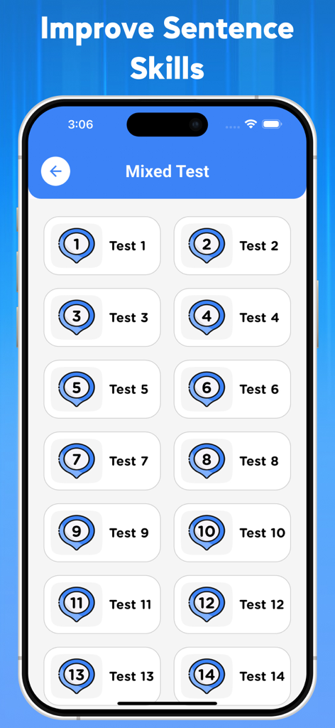 English Grammar Test 2025 - English grammar app screen showing a list of mixed tests to improve sentence skills.