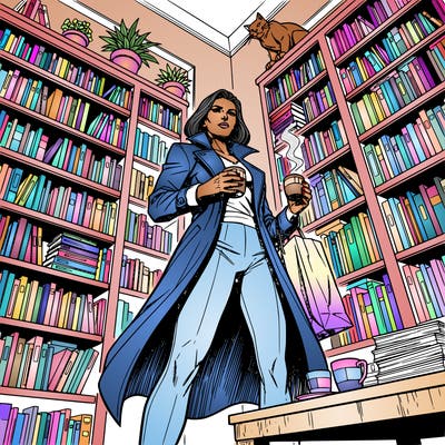 woman holding a coffee shopping in a local book and music store, there is a cat, plants, a table with coffee on it