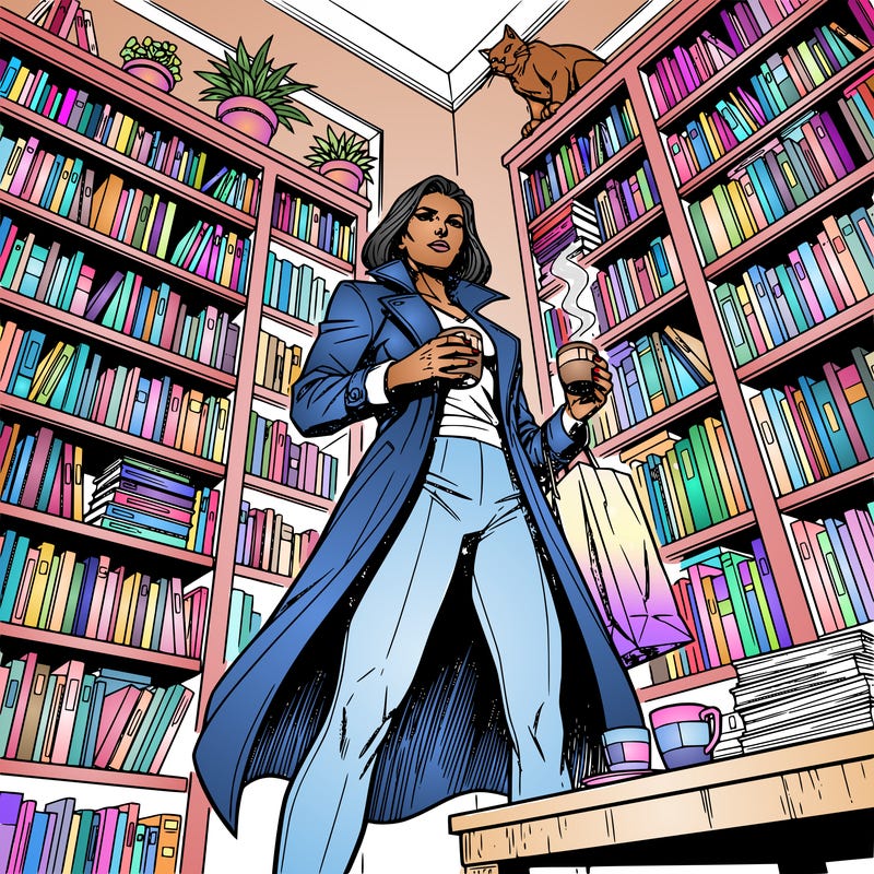 woman holding a coffee shopping in a local book and music store, there is a cat, plants, a table with coffee on it