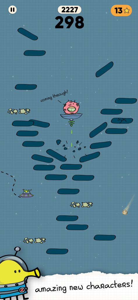 Doodle Jump 2 gameplay in the space world with a yellow astronaut character and a pink cyclops enemy