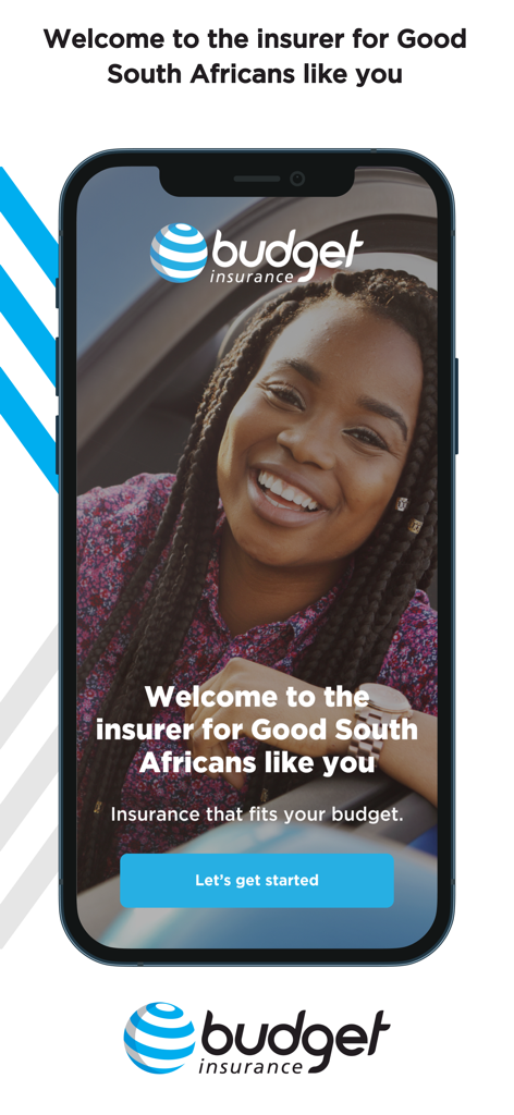 Tela de boas-vindas do aplicativo móvel Budget Insurance apresentando uma mulher sorridente e um botão de call to action para começar.