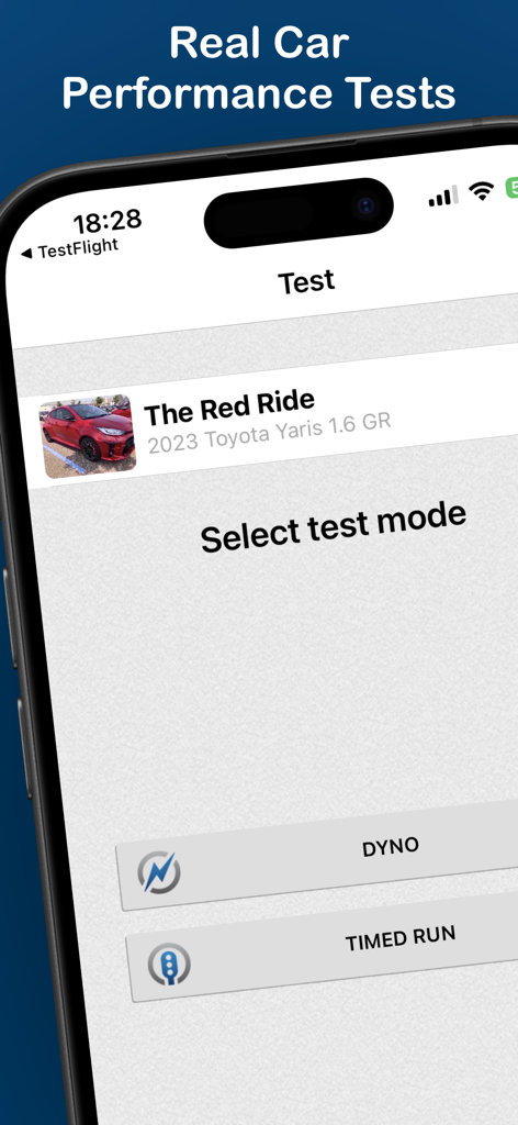 PerfExpert app screen showing the selection of Dyno or Timed Run modes for a 2023 Toyota Yaris GR.