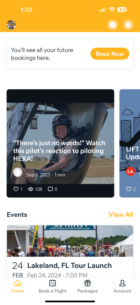 LIFT Aircraft - Home screen of the LIFT Aircraft app featuring flight booking options and HEXA pilot experiences