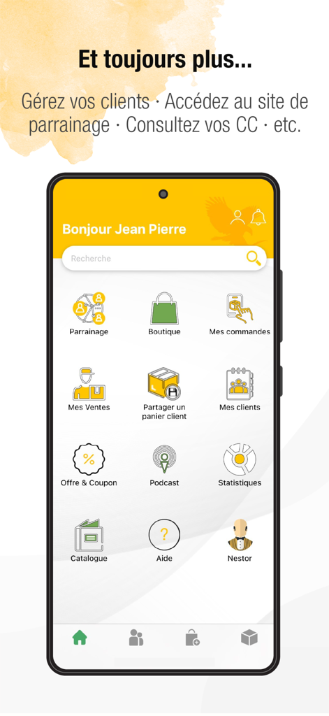FLPMobil FOREVER - Main dashboard of the FLPMobil app featuring icons for sponsorship, shop, orders, sales, customer management, and statistics.