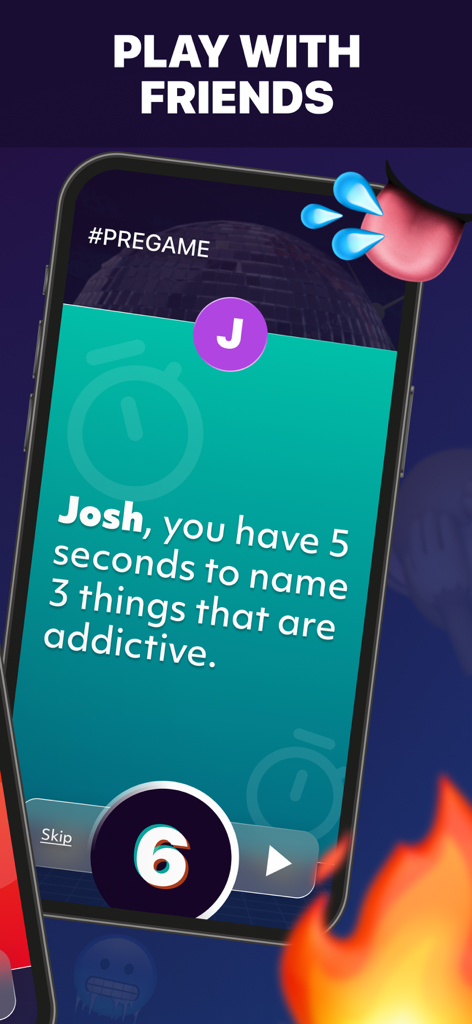 A social party game app screen showing a timed challenge for a player named Josh