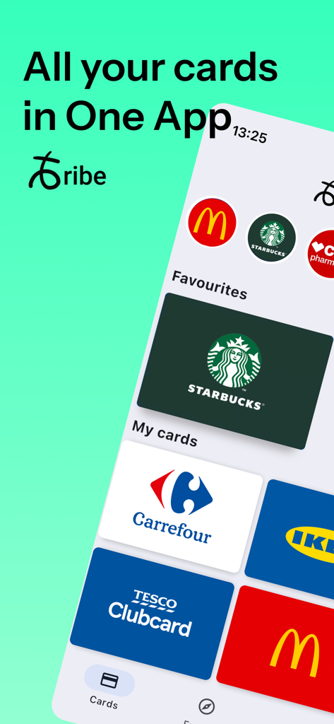 Tribe Rewards - Stocard Wallet - Interface of the Tribe Rewards app displaying digital loyalty cards from retailers like Starbucks IKEA and Tesco