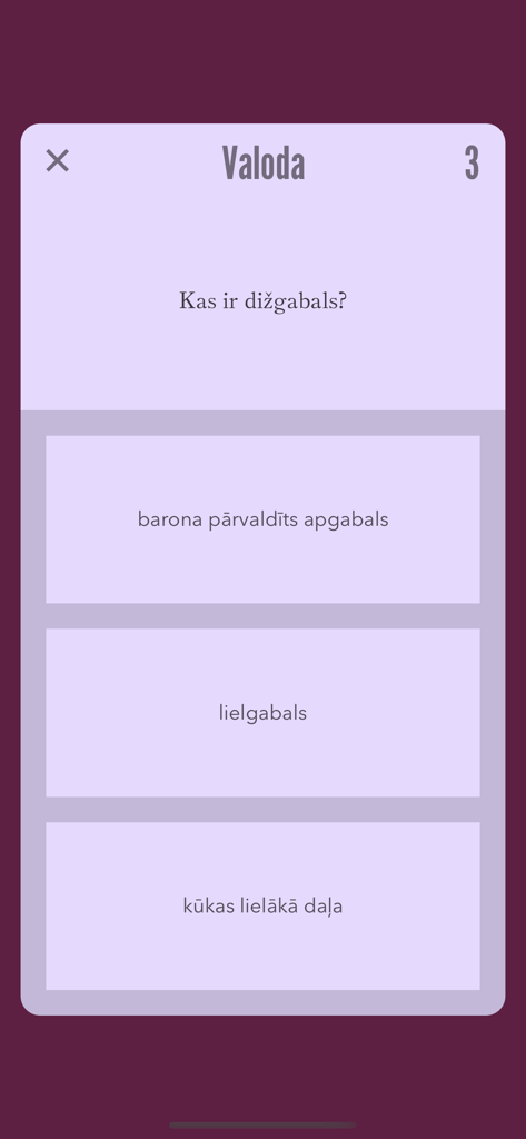 Kas Kas Ko - A screenshot of the Kas Kas Ko Latvian trivia app showing a question in the language category with three multiple choice answers.