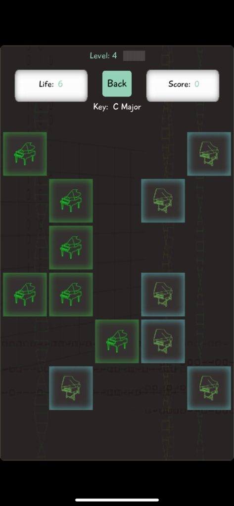 Theta Music Trainer - Interfaz del juego de entrenamiento auditivo de Theta Music Trainer con íconos de piano y pantalla de puntuación