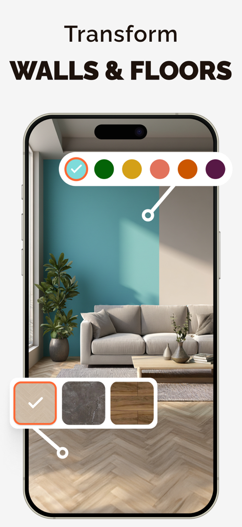 Deco: AI Remodel & Home Design - Mobile app interface showing AI wall paint color and floor material selection for a living room interior design