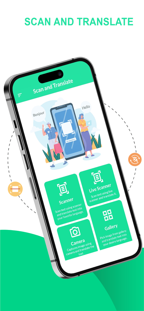 Interface of the Scan and Translate app featuring scanner camera and gallery tools for language translation