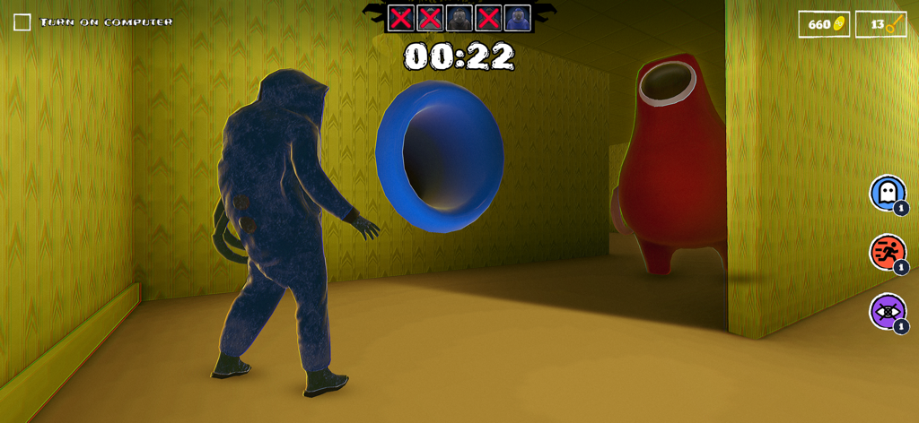 A blue character in a hazmat suit faces a large red monster in a yellow maze room from the game Hide in The Backroom.