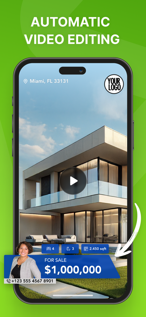 Momenzo: Real Estate Videos - Smartphone displaying a real estate listing video with automatic editing features and agent branding