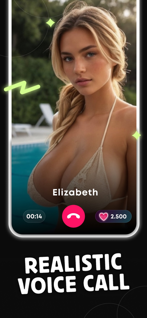 Spicy Hot Chat : AI Girlfriend - Un'interfaccia di chiamata vocale realistica dall'app Spicy Hot Chat con un personaggio IA di nome Elizabeth