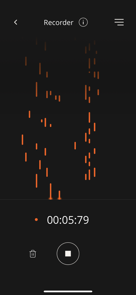 The recorder interface of the Roland Piano App showing a visual piano roll and active recording timer