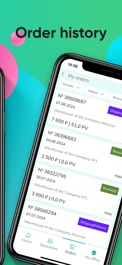 Tela do aplicativo Greenway Global exibindo uma lista detalhada do histórico de pedidos e status de envio.