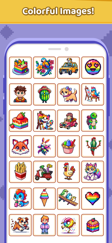 Pixel Breeze - Color By Number - A smartphone screen displaying a variety of colorful pixel art designs in the Pixel Breeze app gallery.